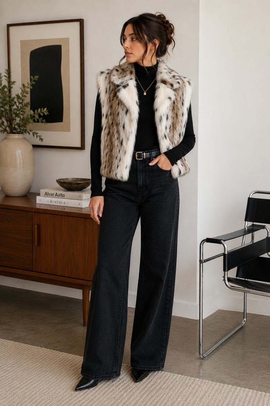 Faux Fur Lynx Print Vest L XL White Brown Spotted Statement Vest ✨